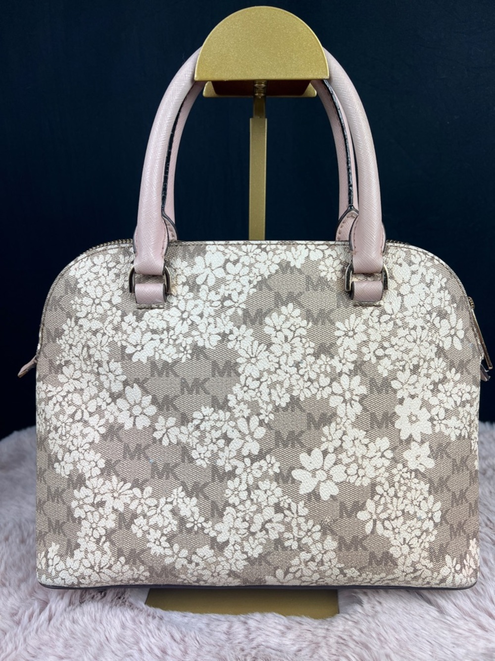 Michael Kors Cindy Medium Dome Satchel Floral MK Logo Print Pink - Picture 3 of 11
